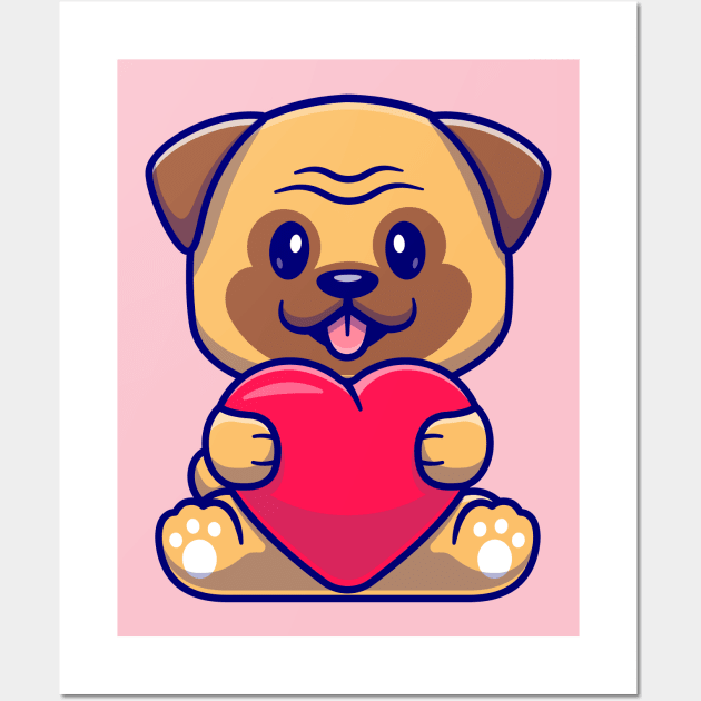 Cute Pug Dog Holding Love Cartoon Wall Art by Catalyst Labs